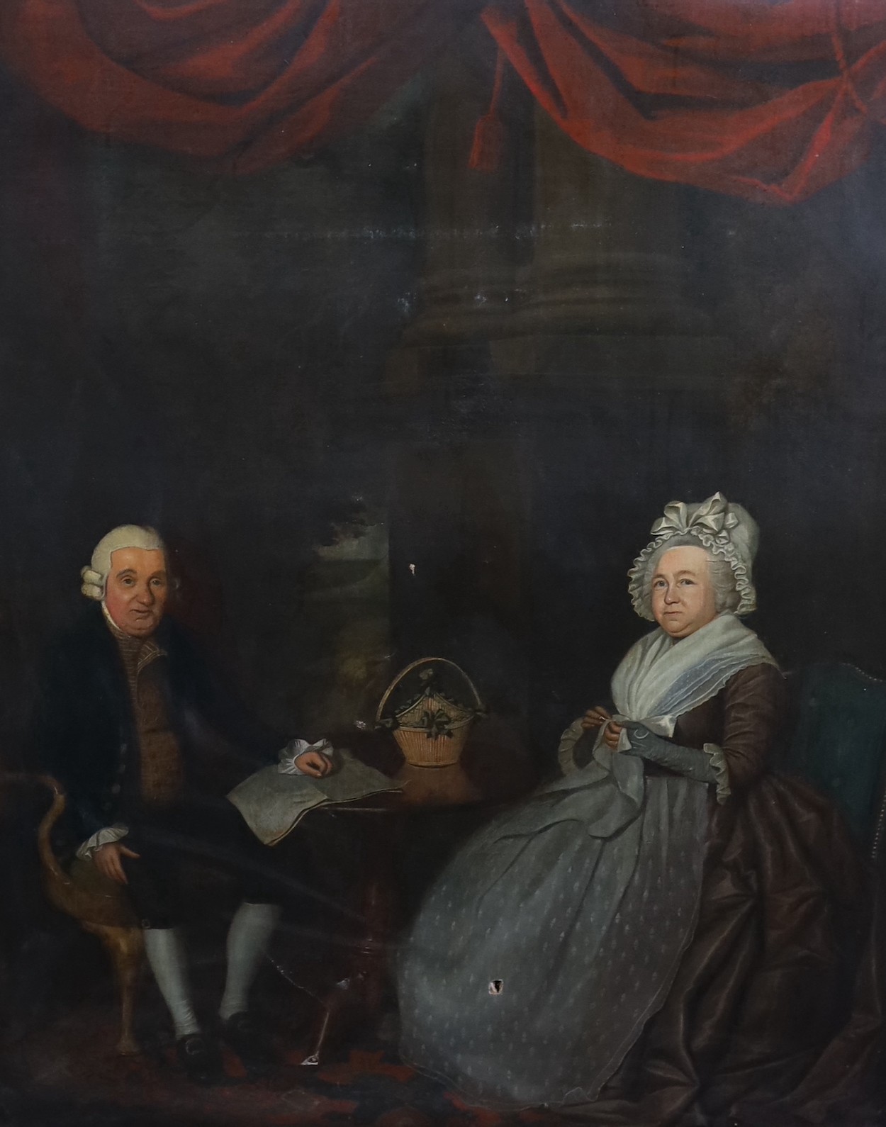 Late 18th Century English School, Full length portrait of Sir James Esdaile (1714-1793) and Elizabeth Pate, seated at table with columns, drapery, and a garden beyond, oil on canvas, 124 x 99cm